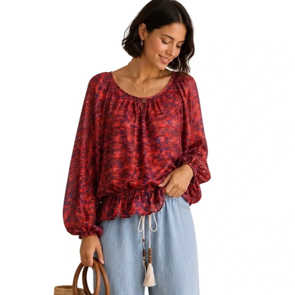 Free People M Coral Floral Shimmer Blouse Boho Romantic Balloon Sleeve Ruffle